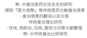?·中食治??交流及史的硏究
1. 提取『?方?聚』等????文?食治信息 - 食治信息的??以及分?, 2. ??食治理??究 - 性味, ?制法, 功效, 服用方法等文?整理, 3. ?·中??食治比?硏究
